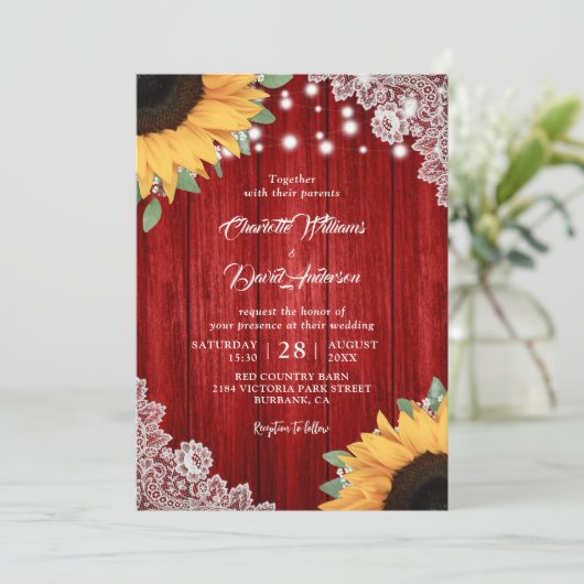 Invitations de mariage rustique rouge et tournesol (Debout devant)