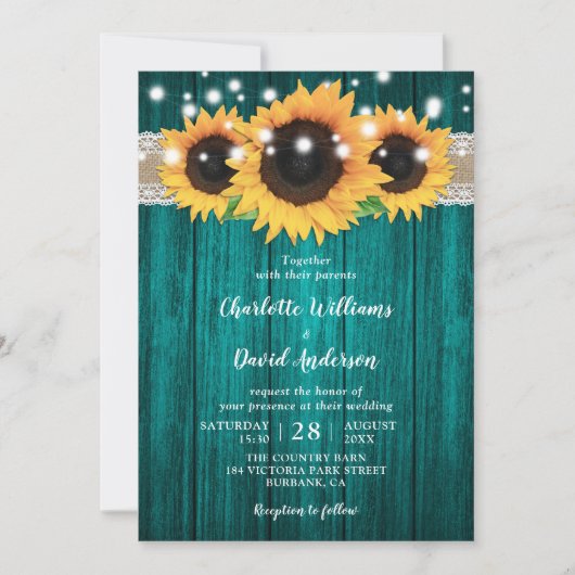Invitations de mariage rustique Turquoise et tourn (Devant)