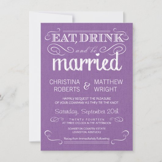 Invitations de mariage rustique violet Burlap (Devant)