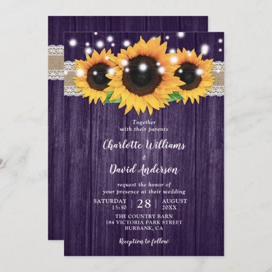 Invitations de mariage rustique violet et tourneso (Devant / Derrière)