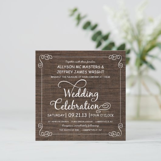 Invitations de mariage rustiques à l'aspect bois (Debout devant)