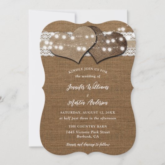 Invitations de mariage Shabby Chic Burlap et dente (Devant)