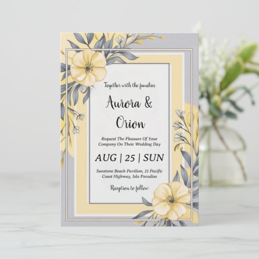 invitations de mariage simple jaune et gris (Debout devant)