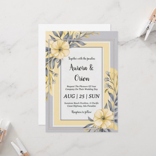 invitations de mariage simple jaune et gris (Devant/Arrière en situation)