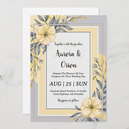 invitations de mariage simple jaune et gris (Devant / Derrière)