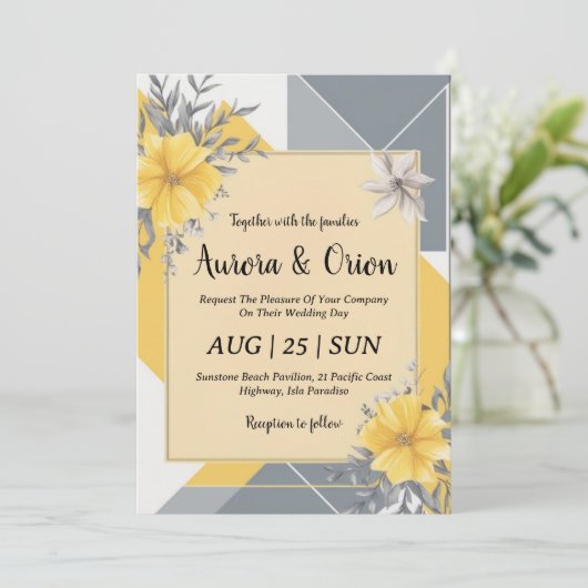 invitations de mariage simple jaune et gris (Debout devant)
