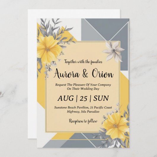 invitations de mariage simple jaune et gris (Devant / Derrière)