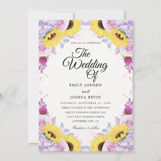 Invitations de mariage tournesol et violet (Devant)
