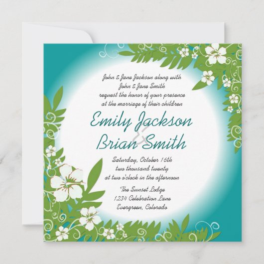 Invitations de mariage turquoise blanc hibiscus (Devant)