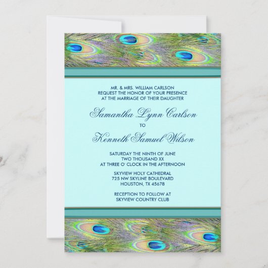 Invitations de mariage turquoise Blue Peacock (Devant)