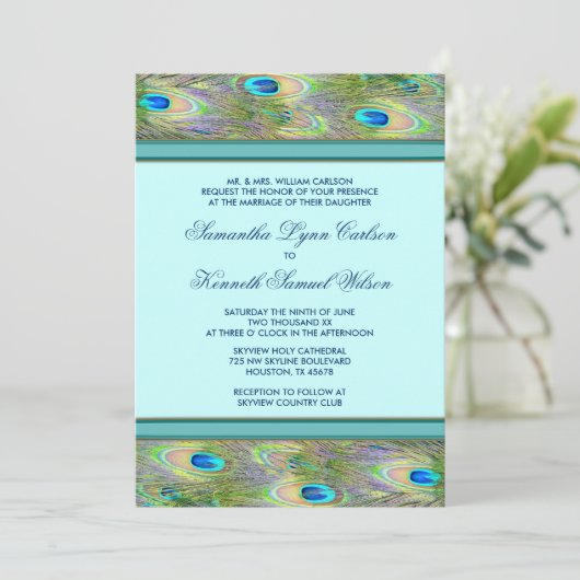 Invitations de mariage turquoise Blue Peacock (Debout devant)