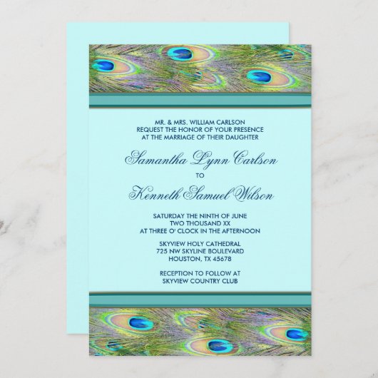 Invitations de mariage turquoise Blue Peacock (Devant / Derrière)
