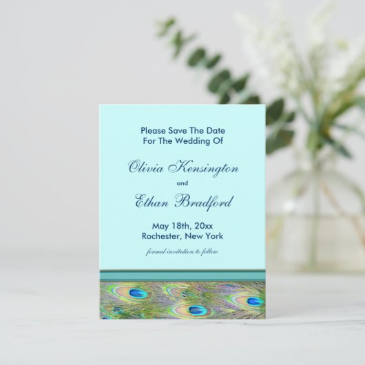 Invitations de mariage turquoise Blue Peacock (Debout devant)