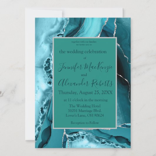 Invitations de mariage Turquoise Blue Silver Agate (Devant)