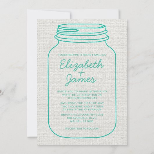 Invitations de mariage turquoise de Mason Jar (Devant)