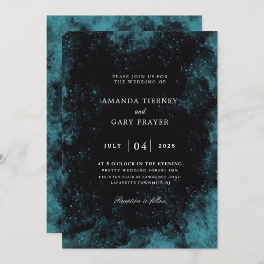 invitations de mariage turquoise et noire (Devant / Derrière)