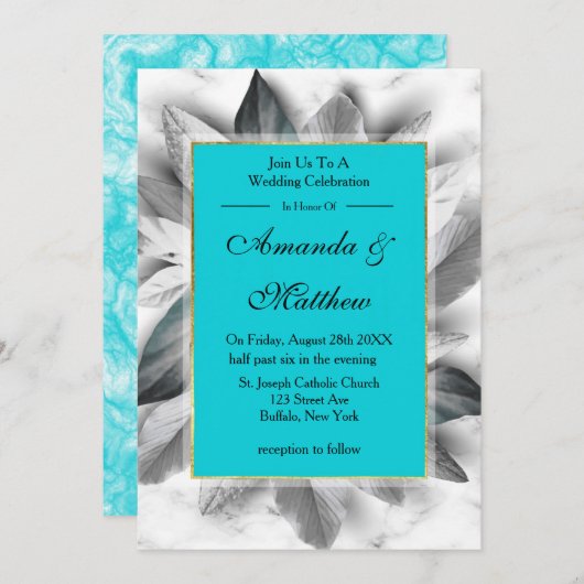 Invitations de mariage Turquoise noir et marbre d' (Devant / Derrière)