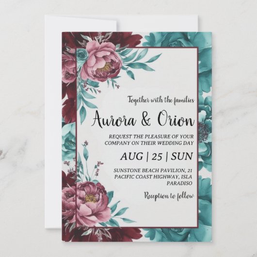 Invitations de mariage turquoises et bordeaux (Devant)
