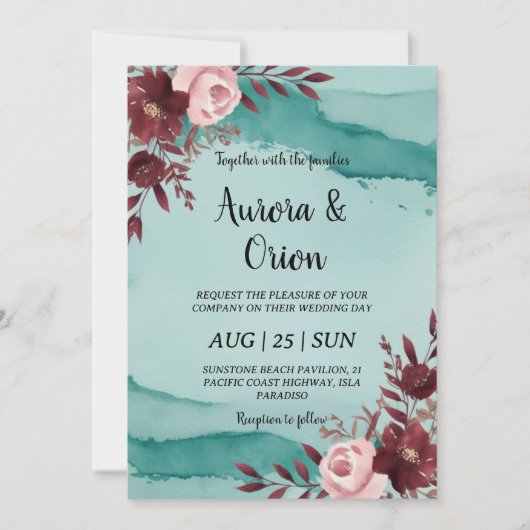 Invitations de mariage turquoises et bordeaux (Devant)