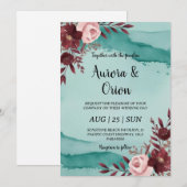 Invitations de mariage turquoises et bordeaux (Devant / Derrière)