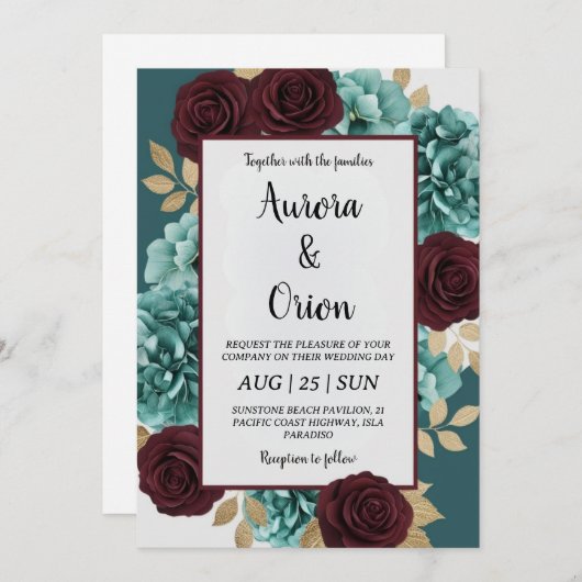 Invitations de mariage turquoises et bordeaux (Devant / Derrière)