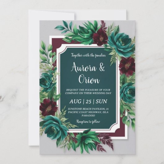 Invitations de mariage turquoises et bordeaux (Devant)