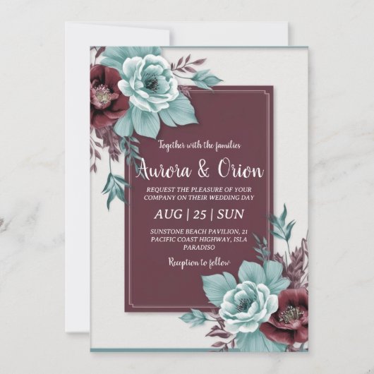 Invitations de mariage turquoises et bordeaux (Devant)