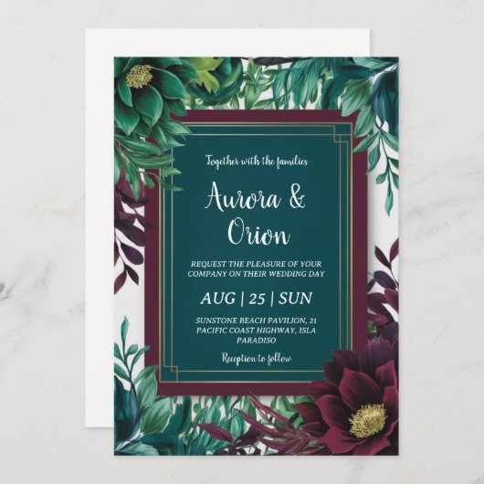 Invitations de mariage turquoises et bordeaux (Devant / Derrière)