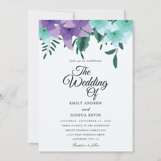 Invitations de mariage turquoises et violettes (Devant)