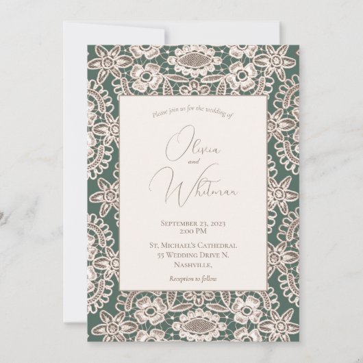 Invitations de mariage vert de dentelle rustique (Devant)