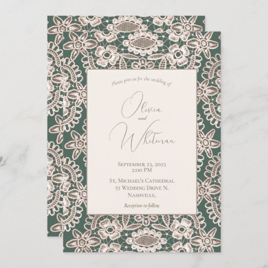 Invitations de mariage vert de dentelle rustique (Devant / Derrière)