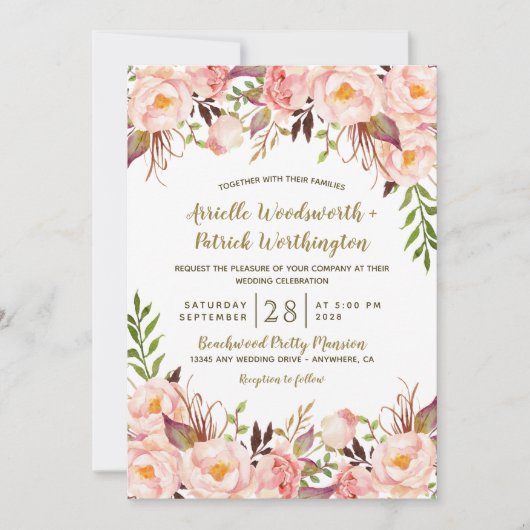 Invitations de mariage vintage Gold Blush Pink Peo (Devant)