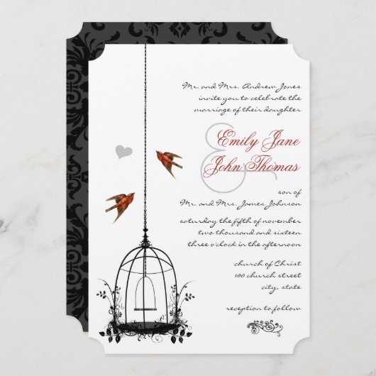 Invitations de mariage vintage Inséparable rouge B (Devant / Derrière)