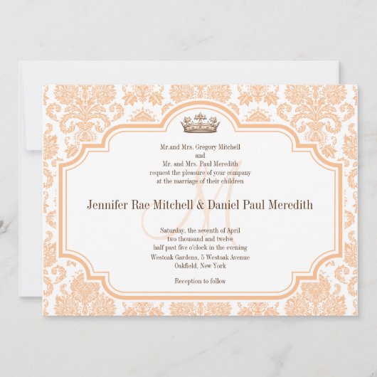 Invitations de mariage vintage Peach Damask (Devant)