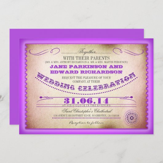 Invitations de mariage vintage violet - billets (Devant / Derrière)