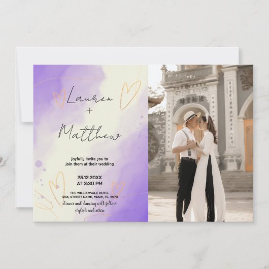 Invitations de mariage violet avec photo (Devant)