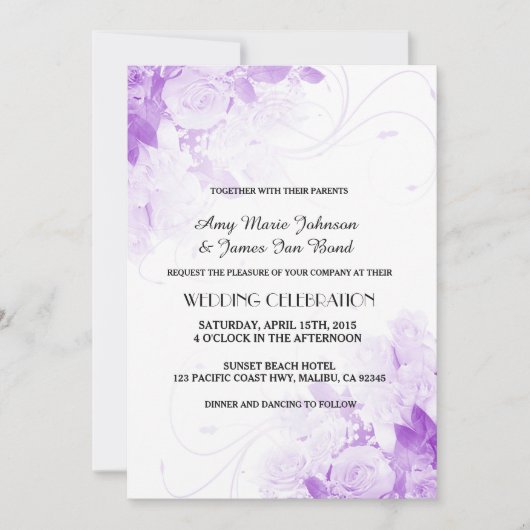 Invitations de mariage violet bouquet de rose vr4 (Devant)
