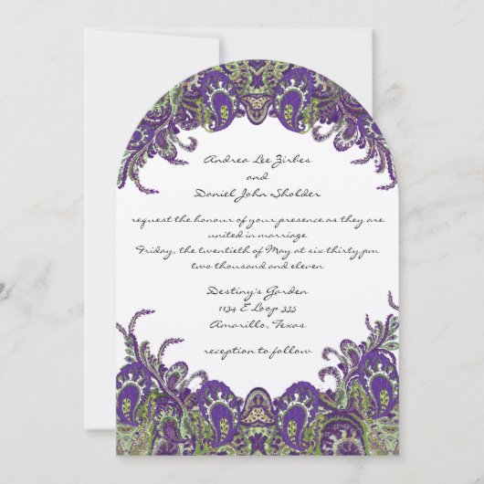 Invitations de mariage violet et vert paon (Devant)