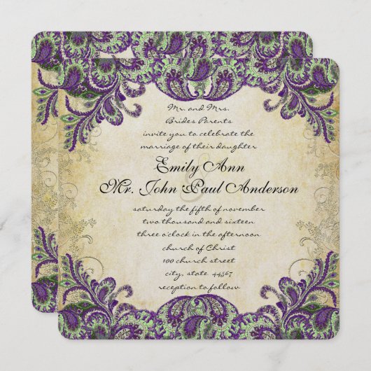 Invitations de mariage violet et vert paon (Devant / Derrière)