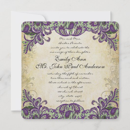 Invitations de mariage violet et vert paon (Devant)