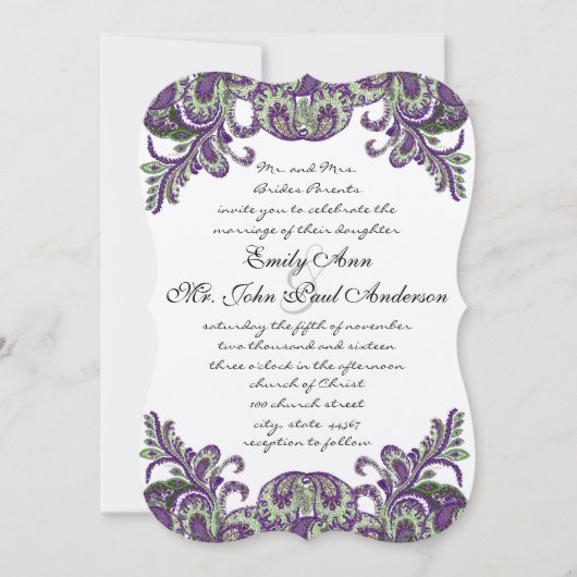 Invitations de mariage violet et vert paon (Devant)