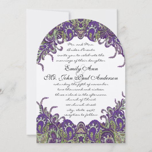 Invitations de mariage violet et vert paon (Devant)