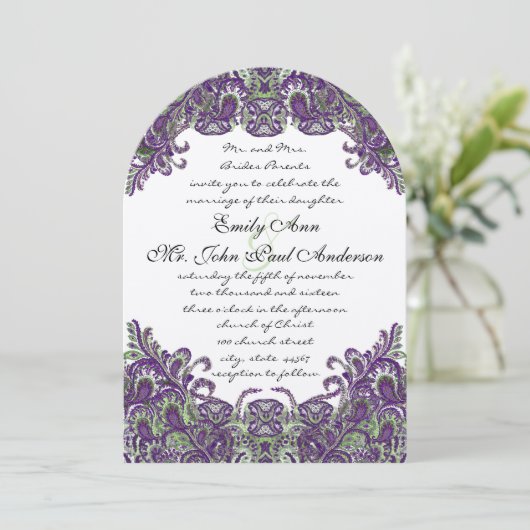 Invitations de mariage violet et vert paon (Debout devant)