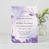 Invitations de mariage violet feuille (Debout devant)
