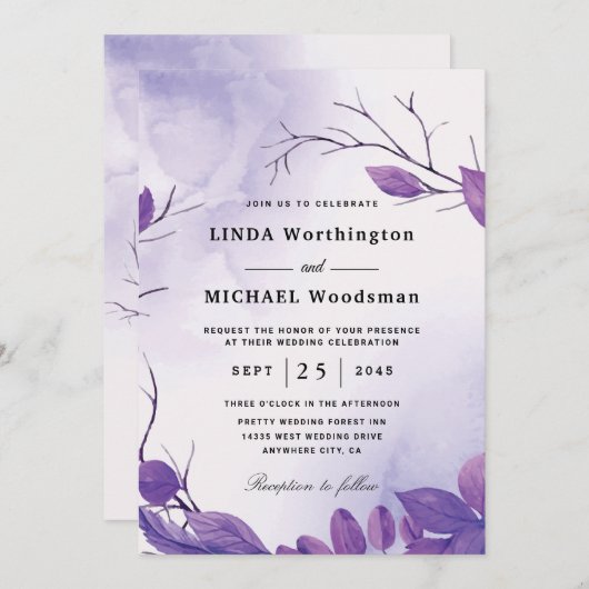 Invitations de mariage violet feuille (Devant / Derrière)