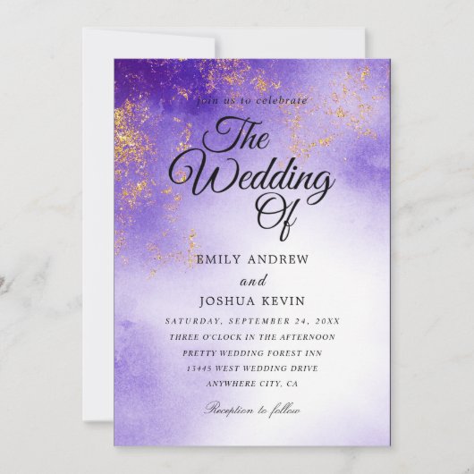 Invitations de mariage violet tyrienne dorées (Devant)