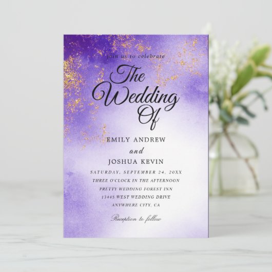 Invitations de mariage violet tyrienne dorées (Debout devant)