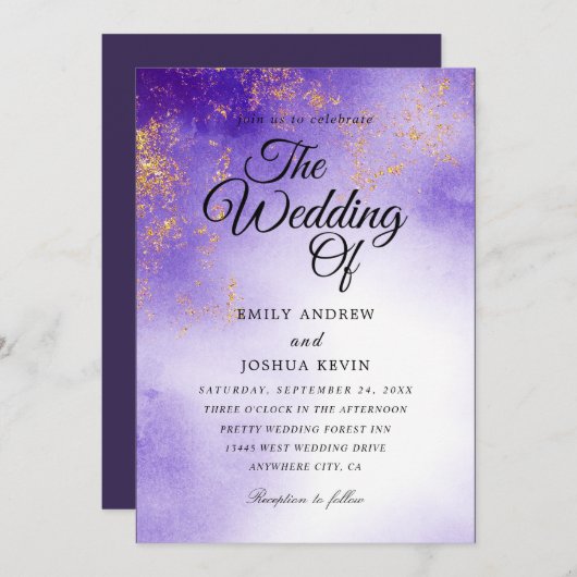 Invitations de mariage violet tyrienne dorées (Devant / Derrière)