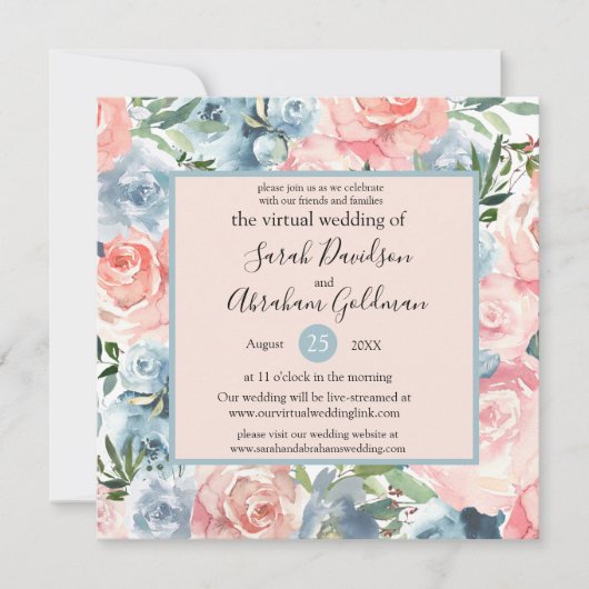 Invitations de mariage virtuel - bleu rose floral (Devant)