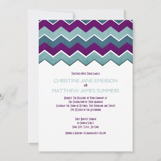 Invitations de mariage Zig Zag Turquoises et viole (Devant)